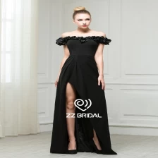 China ZZ bridal 2017 flower neck off shoulder ruffled black long evening dress manufacturer