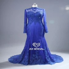 porcelana ZZ bridal 2017 high neck lace appliqued blue long evening dress fabricante