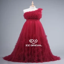 China ZZ bridal 2017 one shoulder ruffled red long evening dress manufacturer