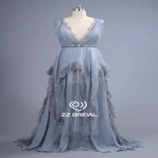 China ZZ bridal V-neck and V-back ruffled silver A-line long evening dress manufacturer