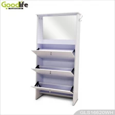 China Durable wooden trapezoid shoe cabinet with mirror save space with 3 shoe shelf storage cabinet. fabricante