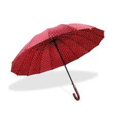 中国 经典红色50英寸圆点印花16肋自动开口防风防水雨伞带J把手 制造商
