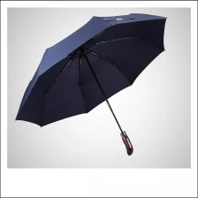 China Custom fully automatic wooden handle 3 fold double canopy umbrella with logo print manufacturer