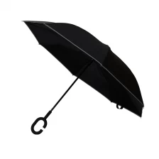 China Winddichte dubbellaagse binnenlaag van hoge kwaliteit Reverse omgekeerde zwarte paraplu met reflecterende rand fabrikant