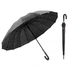 중국 최고 품질의 대형 폴카 도트 인쇄 16 리브 빠른 건조 자동 개방 방풍 방수 스틱 우산 (J 손잡이 포함) 제조업체
