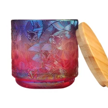 中国 木製のふたのキツネのパターンが付いている15oz虹色のエンボスガラス蝋燭の船 メーカー
