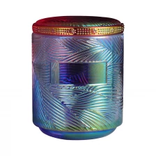 China 18oz Luxury iridescent glass candle jars with leaf vein pattern design manufacturer