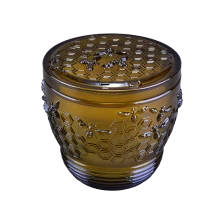 中国 批发15oz玻璃蜡烛罐带盖浮雕蜂巢图案设计 制造商