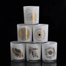 中国 圆柱白色玻璃蜡烛罐，金色装饰 制造商