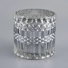 China Geo Cut  Embossed Glass Candle Container With Lid manufacturer