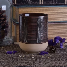 China Handmade round ceramic candle jars with hand paitning lines decoration manufacturer