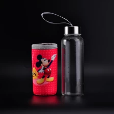 China Low MOQ Pyrex Glass Water Juice Drinking Glass Bottle With Mickey Mouse Sleeve manufacturer