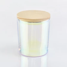 Cina Lusso Fare iridescente candela di vetro Vasi candela con coperchio in legno produttore