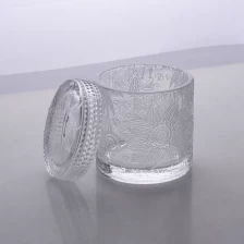 China Luxury Lotus pattern glass candle jar with lid for decoration manufacturer