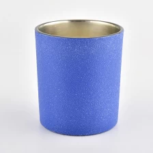 China blue sandy effect glass jar for candle making with gold inside manufacturer