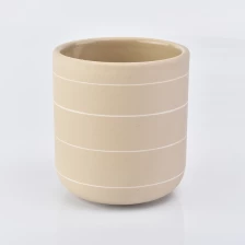 China curved bottom matte yellow ceramic candle jar with white lines manufacturer