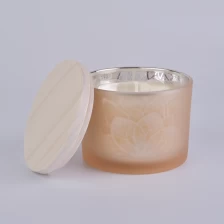 China Recipiente de vela de vidro fosco com tampa de madeira 14 oz fabricante