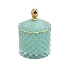 China green geo cut glass candle jar with gold rim manufacturer