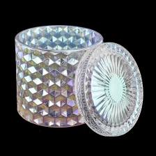 China Iridescent glass candle jar with lids diamond glass jars manufacturer
