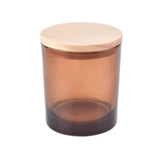 China translucent brown glass candle holder with wood lid manufacturer