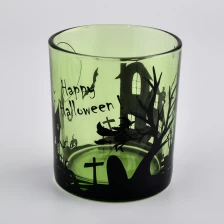 China translucent glass candle containers with horrible Hallow picture manufacturer