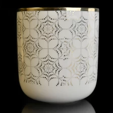 China white ceramic candle vessel with metallic gold print manufacturer