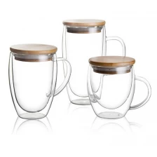 Çin Double wall glass coffee cup mug with bamboo lid double layer glass cups for tea and coffee üretici firma