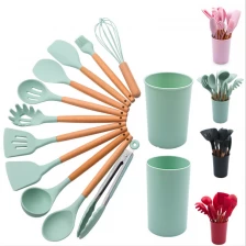 China Eco-Friendly Hot Selling 12pcs Silicon Kitchen Utensil Set with Bucket Cooking Utensil with Wood Handle manufacturer