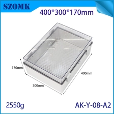China AK-Y-08A2 Hinged Lid Wall Plastic Enclosure Waterproof Box Clear Cover Pc Enclosure 400x300x170mm manufacturer