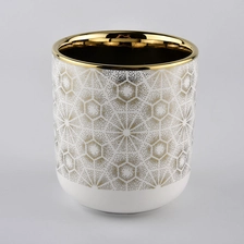 China ceramic candle holder with round bottom, white ceramic candle jar gold prints manufacturer