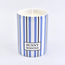 China blue ceramic candle jar with stripes, candle holder with custom logo manufacturer