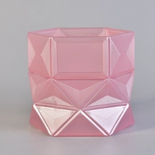 China hexagon shaped glass candle holder, pink glass vessel for candle making manufacturer