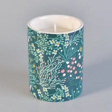 China white ceramic container with green  decal, cylider decorative ceramic candle jars for spring season manufacturer