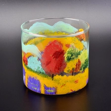 China Cylinder glass vessel with colorful painting, fancy glass candle container manufacturer