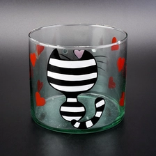 China Cylinder glass vessel with lovely kitty painting, decorative glass candle jars 16 oz manufacturer