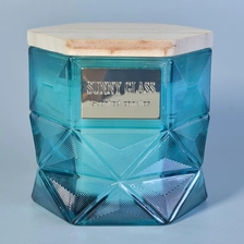 China hexagon glass candle jar with wood lid, luxury glass candle holder manufacturer