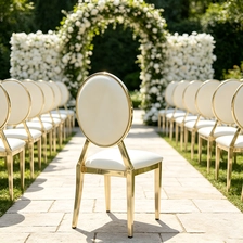 China Banquet Party Event Furniture Round Back Gold Stackable Event Metal Chairs Wedding manufacturer
