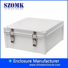 China outdoor IP65 hinged waterproof enclosure electronics distribution box wall mountable circuit board plastic casing 280*280*130mm AK-02-24-JK weatherrproof plastic equipment case manufacturer