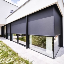 China retractable horizontal shade vertical awning, remote control vertical drop roll awnings systems, sun shade side mount window blinds coverings manufacturer