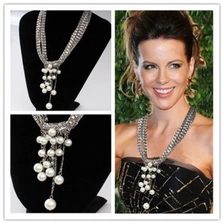 الصين Guangzhou market fashion jewelry white gold plated  metal brass chain link charm pearl tassel necklace الصانع