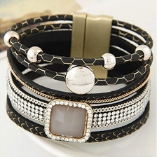 China Europe and the United States retro trend multi - layer gem bracelet Korean fashion leather ultra - wide magnet buckle bracelet wholesale online jewelry manufacturer