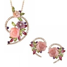 China Fashion Heart  Resin Flower Crystal Pendant  Earring Wholesale 18k Gold Plated Jewelry Sets manufacturer