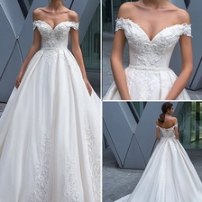 Kiina Off-Shoulder 2019 Hääpuku Morsiamen puku linja pitsi kangas Bridal Mekot valmistaja