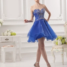 Chiny Krótka sukienka dziewczęca Puffy Skirt Sweetheart Beaded Organza Blue Cocktail Dress producent