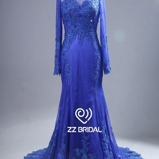 Chine ZZ Bridal 2017 haut cou dentelle appliqued Blue long robe de soirée fabricant