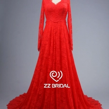 Chine ZZ Bridal manches longues v-Neck dentelle rouge a-line robe de soirée longue fabricant
