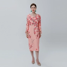 China Ladies Floral Print Dress with Petal Sleeves manufacturer