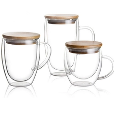 China Double wall glass coffee cup mug with bamboo lid double layer glass cups for tea and coffee manufacturer