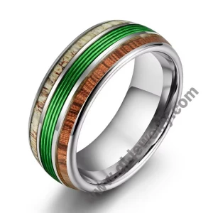 China High Quality and Affordable Fashion Green Fishing Line Ring with Elk Antler and Makore Wood Tungsten Carbide Blank Ring for Men manufacturer