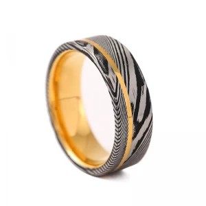 China Hot Sale 8mm Gold Tungsten and Black Silver Damascus Steel Wedding Band with a Gold Stripe on the Side for Men China Supplier manufacturer